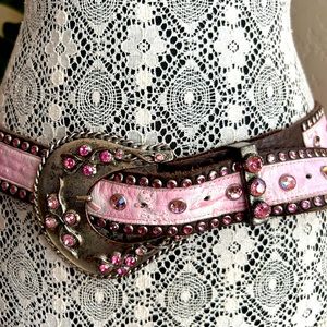 Brown leather and pink rhinestone belt